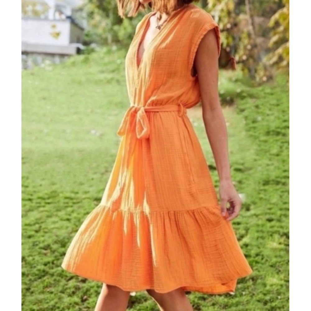 Xirena Cotton Gauze Tiered Midi Dress S Orange Cap Sleeve V-Neck Belted Boho USA